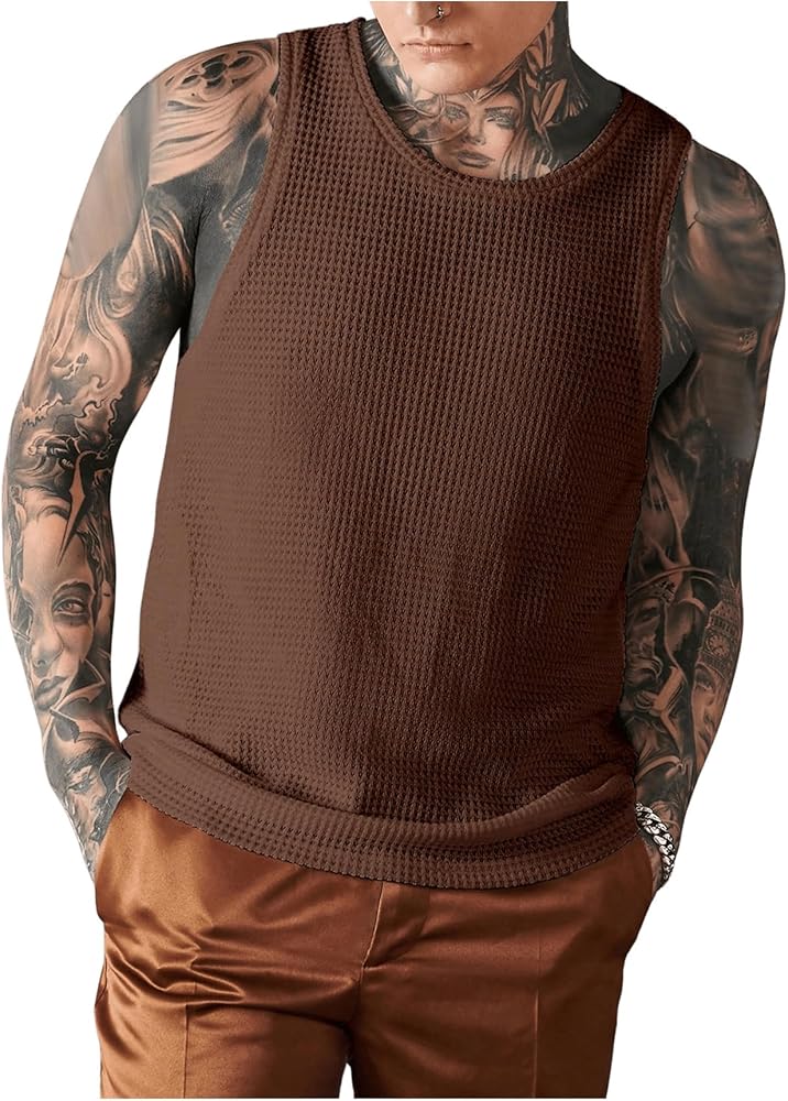 Verdusa Men's Waffle Knit Tank Top Round Neck Sleeveless Shirts