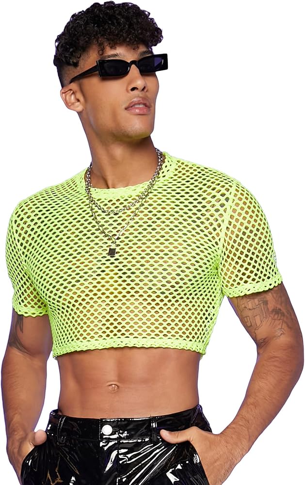 WDIRARA Men's Fishnet Mesh Tee Shirt Round Neck Short Sleeve Crop Top