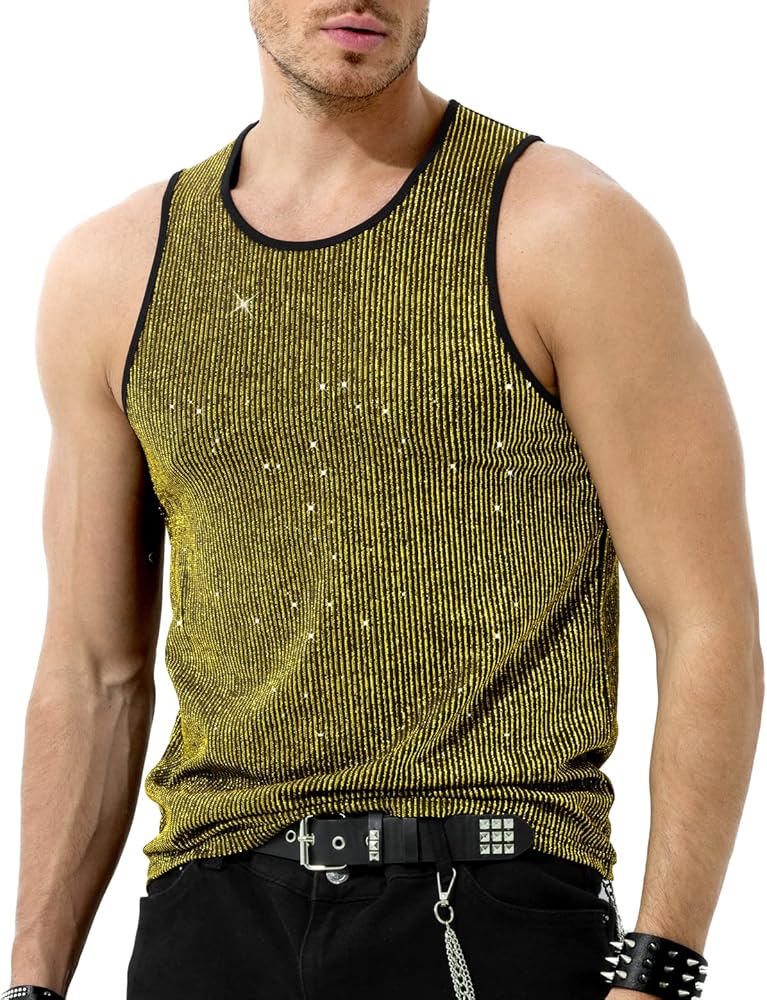 Arjen Kroos Men's Sequin Sleeveless Tank Top Sparkly Rave Metallic T-Shirt