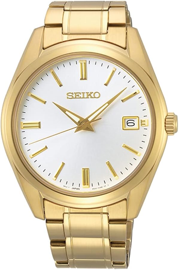 Seiko SUR314 Watch for Men - Essentials - White Dial, Date Calendar, LumiBrite Hands, Gold-Tone Stainless Steel Case & Bracelet, and 100m Water Resistant