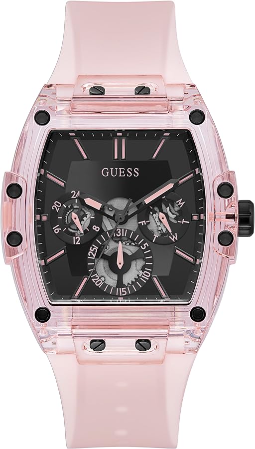 GUESS Men's 43mm Watch - Pink Strap Black Dial Pink Case