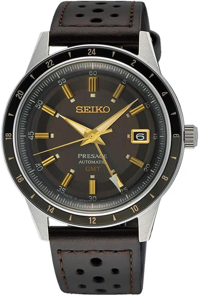 SEIKO Men's Satin Black Dial Brown Grained Leather Band Presage Automatic GMT Analog Watch