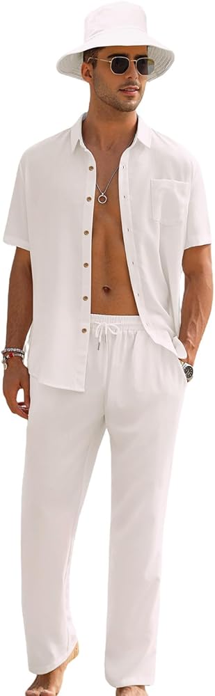 EISHOPEER Men's Linen Sets 3 Pieces Casual Button Down Cotton Linen Shirt and Long Pants Set Beach Outfits with Hats S-3XL