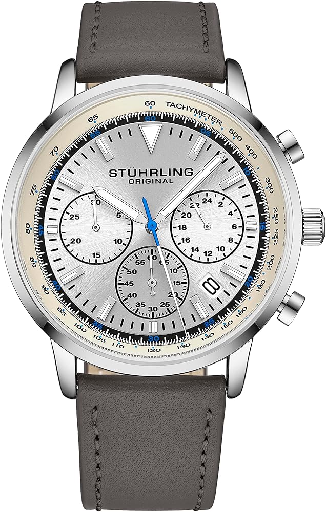 Stuhrling Original Mens Dress Watch Chronograph Analog Watch Dial with Date - Tachymeter 24-Hour Subdial Mens Leather Strap - Watches for Men Rialto Collection