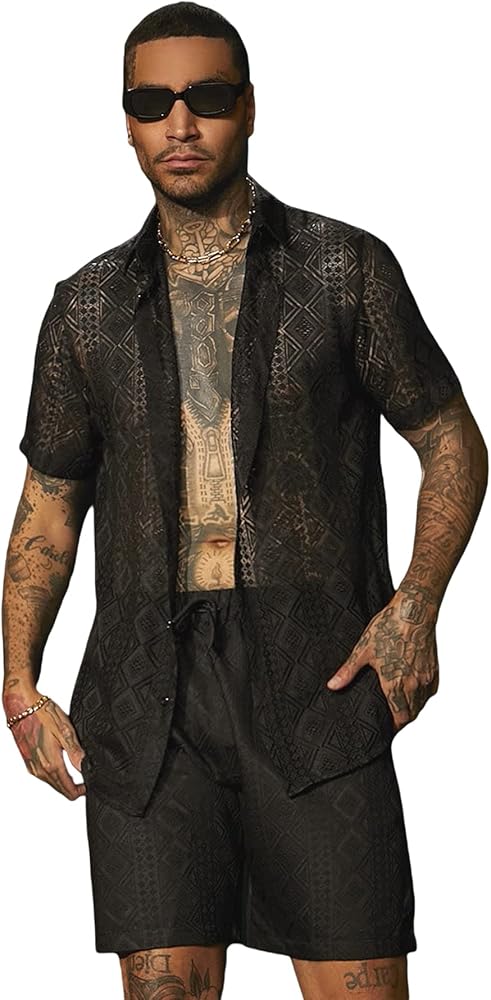 Verdusa Men's 2 Piece Outfit Lace Button Down Shirt and Short Set Suit