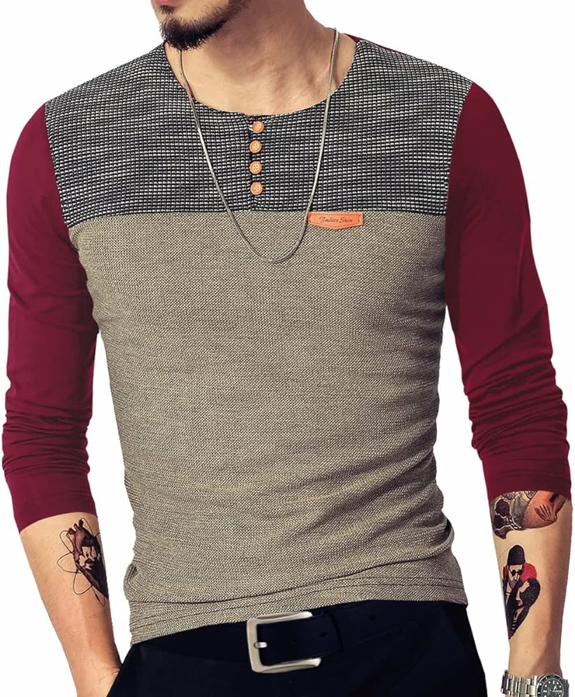 Mens Slim Fitted Casual Short/Long-Sleeve Button T-Shirts Contrast Color Stitching Tee