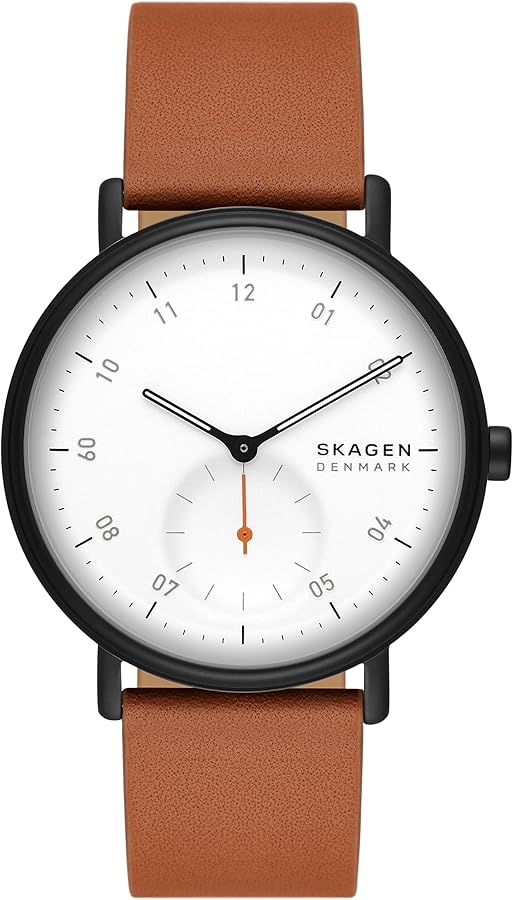 Skagen Men's Kuppel Two-Hand Sub-Second Black Stainless Steel and Brown Leather Band Watch (Model: SKW6889)