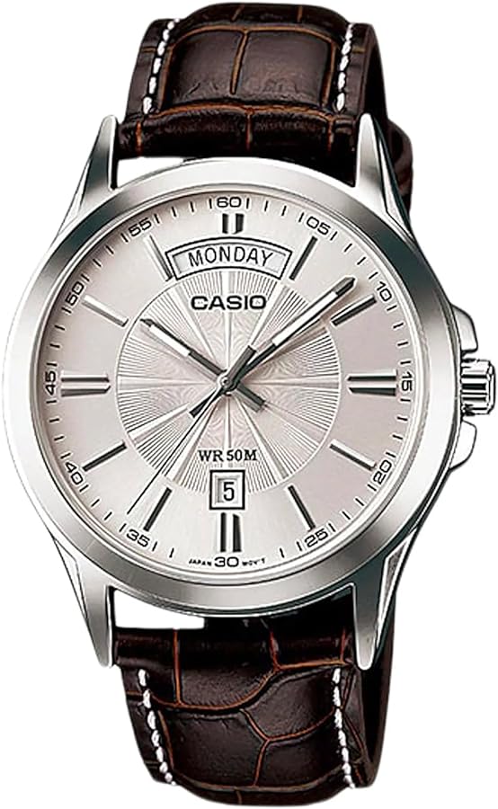 Casio #MTP1381L-7AV Men's Classic Leather Band 50M Day Date Silver Dial Watch