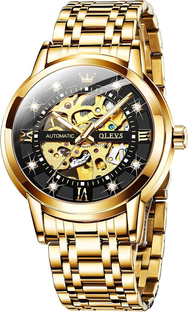 OLEVS Mens Automatic Watch Skeleton Diamond Luxury Mechanical Self Winding Dress Wrist Watch Waterproof Luminous