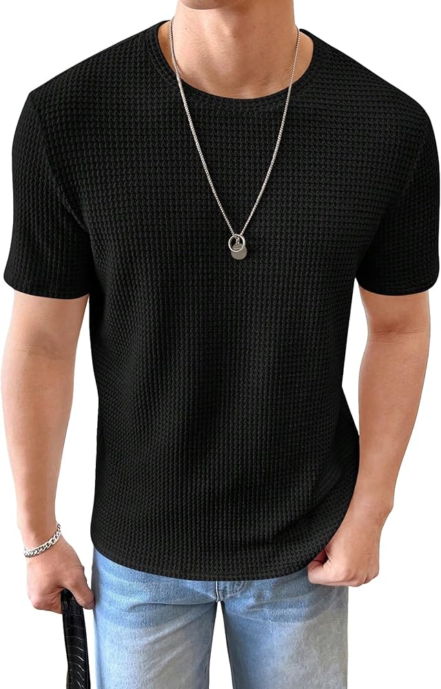 WDIRARA Men's Round Neck Short Sleeve Waffle Knit Tee Summer Casual T Shirt Tops