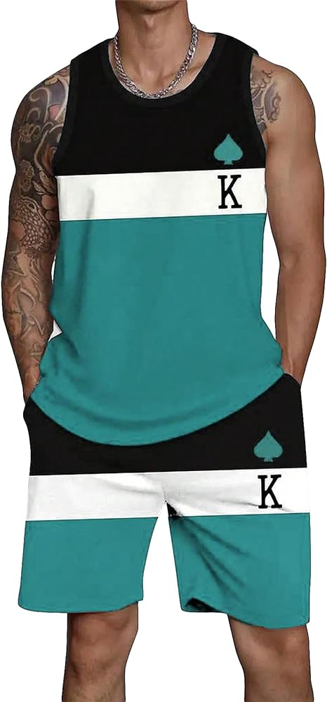 Floerns Men's 2 Piece Outfit Sleeveless Colorblock Tank Drawstring Waist Shorts Set