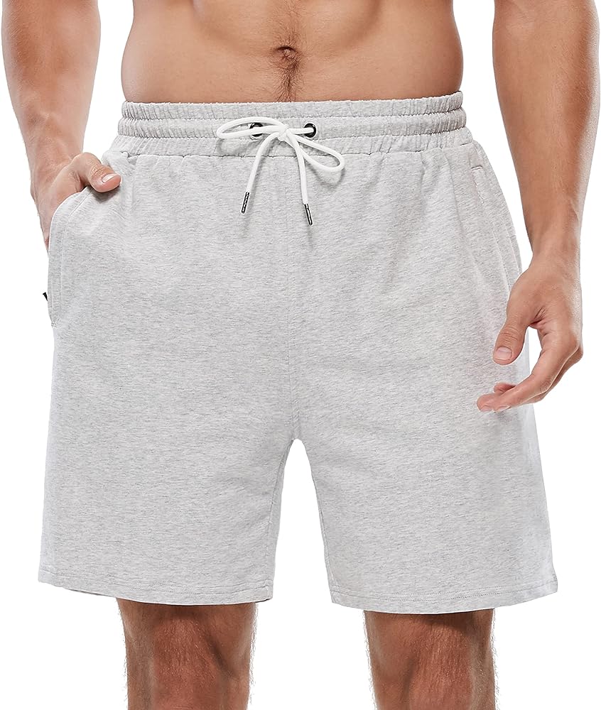 HEALONG Mens Athletic Shorts Cotton: Workout Gym Running Exercise Training - 7" Drawstring Fashion Sports with Zipper Pockets