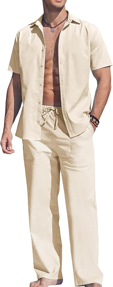 COOFANDY Men's Linen Set Beach 2 Pieces Casual Outfits Button Up Shirts Drawstring Pants