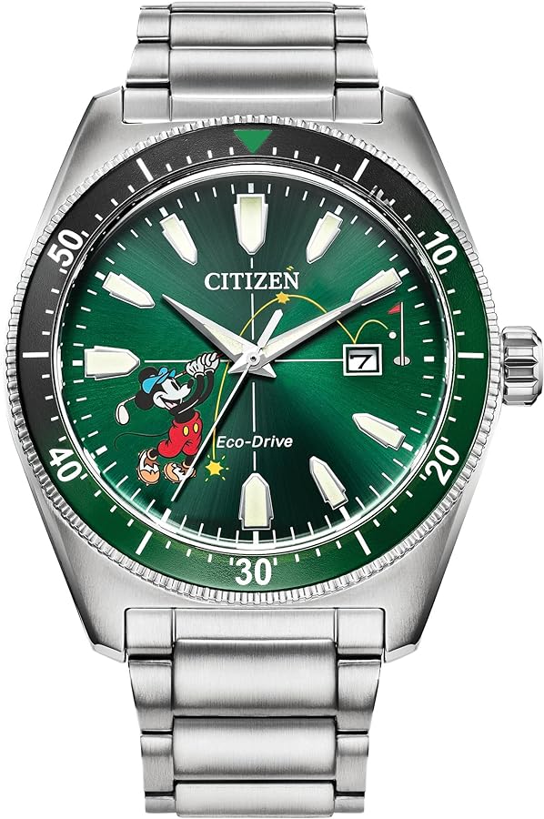 Citizen Eco-Drive Men's Disney Mickey Mouse "Tee Time" Stainless Steel Watch, Green Dial, 3-Hand Date, Luminous, 43mm (Model: AW1595-78W)