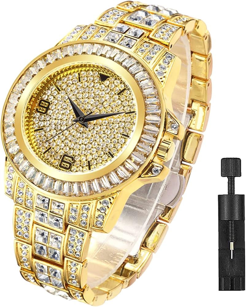 Apzzic Hip Hop Unisex Watch Crystal Diamond Watch Iced Out CZ Bling Quartz Watch Stainless Steel Wrist Watch for Men Women