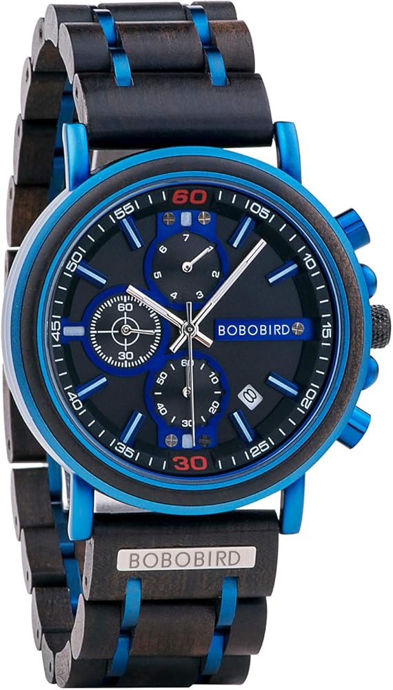 BOBO BIRD Mens Wooden Watch Stylish Blue Wood Stainless Steel Combined Chronograph with Luminous Pointers Fashion Business Timepiece for Men/Father/Husband/Son