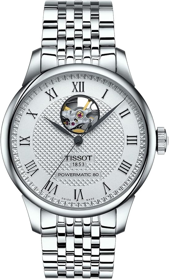 Tissot Mens Le Locle Powermatic 80 Open Heart 316L Stainless Steel case Automatic Watches, Grey, Stainless Steel, 19 (T0064071103302)