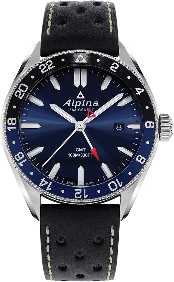 Alpina Men's Alpiner Sport Swiss GMT Quartz Sport Stainless Steel Watch, Luminous, Blue and Black, 100M WR