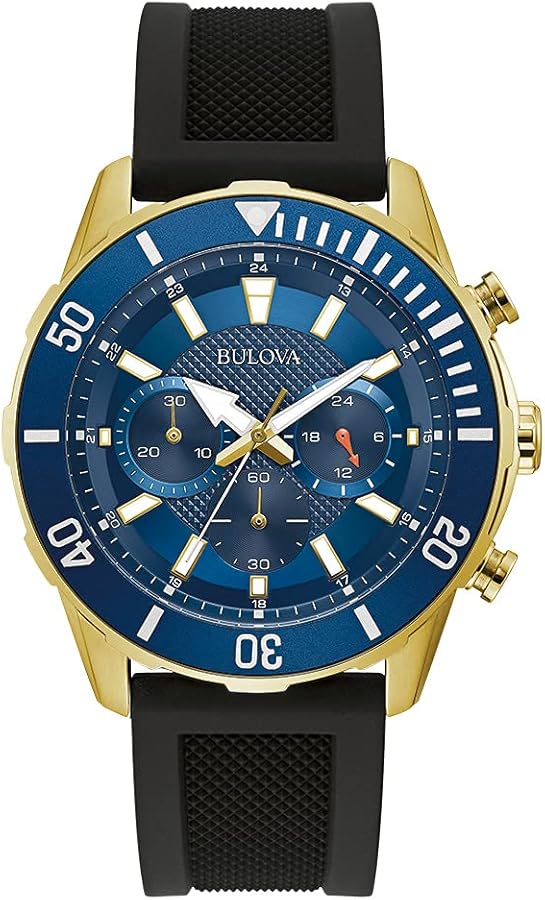 Bulova Men's Classic Chronograph 6 Hand Gold Stainless Steel Watch with Black Silicone Strap, Blue Dial (Model:98A244)