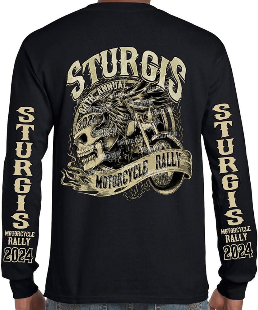 2024 Sturgis Motorcycle Rally Grunge & Chains Skull Wing Long Sleeve