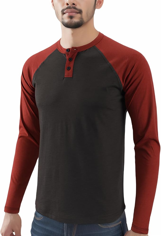 Men's Casual Classic Vintage Short/Long Sleeve Raglan Henley Shirts Baseball Active T-Shirt