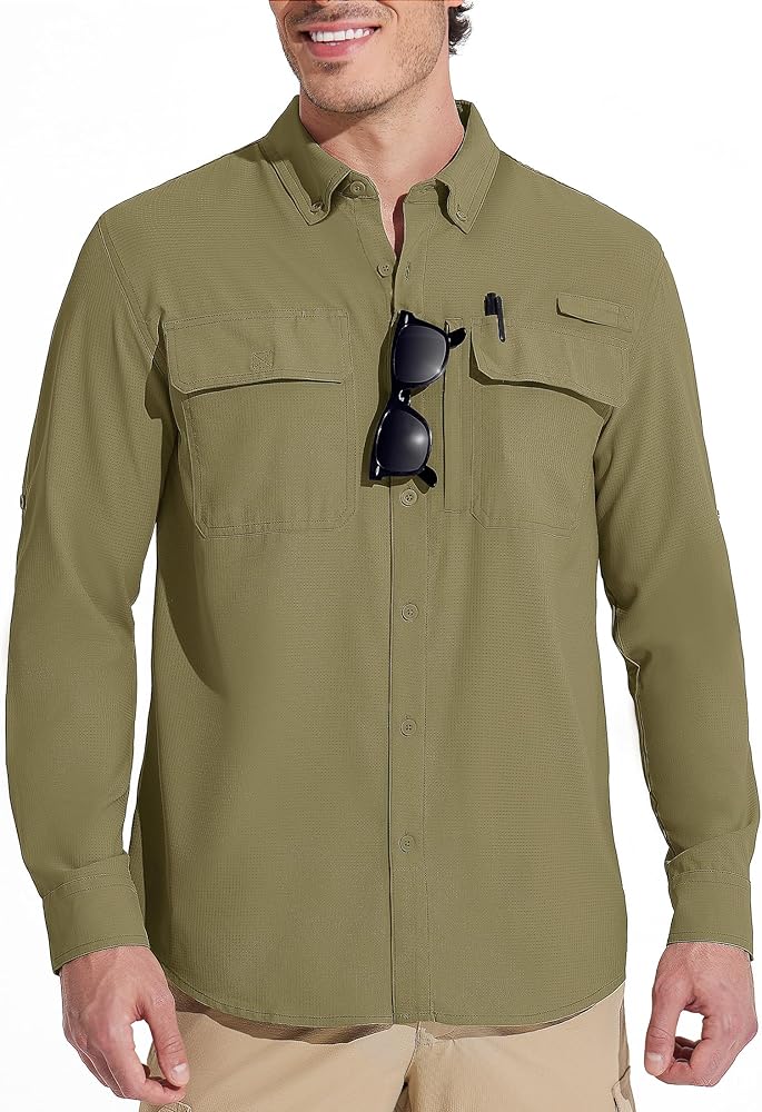 MAGCOMSEN Men's Fishing Shirts Long Sleeve Sun Protection UPF 50+ Water Resistant Breathable Button Down Shirt Hiking Safari