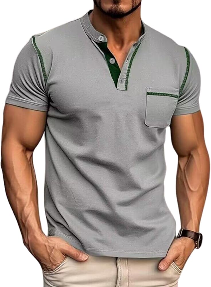 Aulemen Men's Henley Shirts Short Sleeve Casual Lightweight Slim Fit Basic Button T-Shirt with Pocket