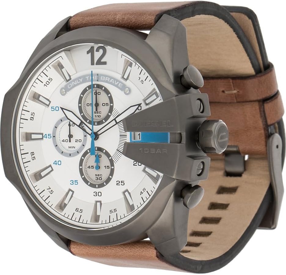 Diesel Mega Chief Stainless Steel and Leather Chronograph Men's Watch, Color: Gunmetal, Brown (Model: DZ4280)