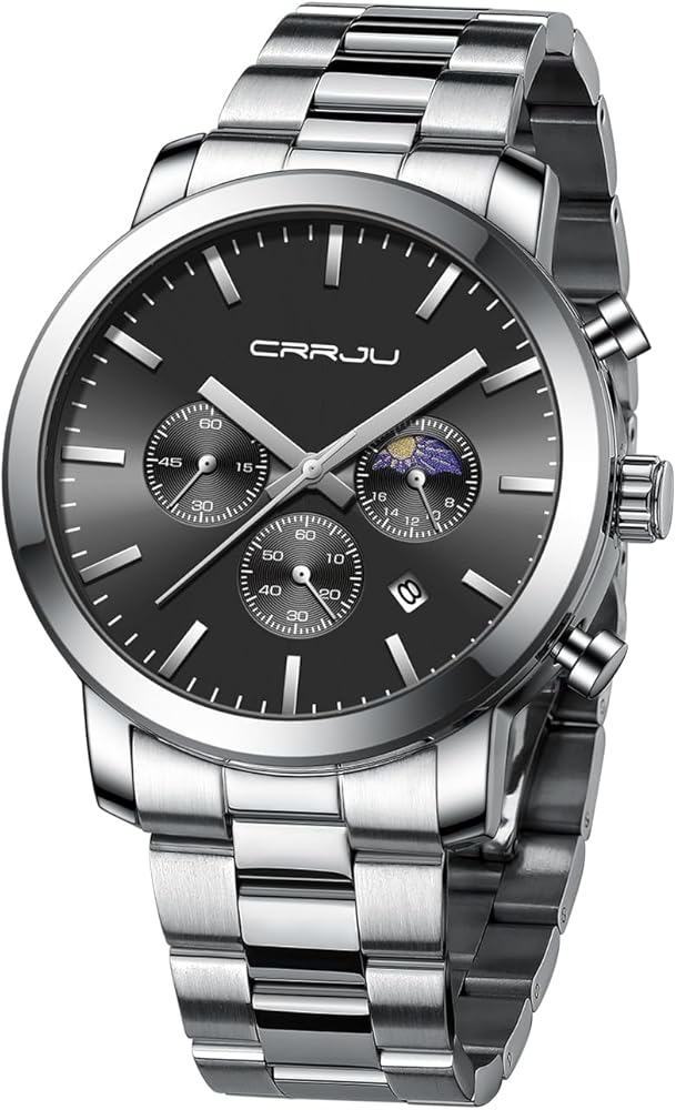 CRRJU Watches for Men Luxury Business Stainless Steel Waterproof Calendar Chronograph Analog Quartz Wristwatches