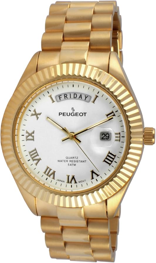 Peugeot 14K All Gold Plated Big Face Luxury Watch with Day Date Windows, Roman Numerals & Coin Edge Fluted Bezel Watch