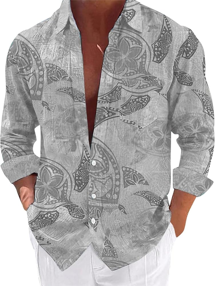 Graphic Button Down Tee Shirts for Men Long Sleeve Roll Up Wrinkle Free Summer Floral Turtle Print Vacation Tee Top