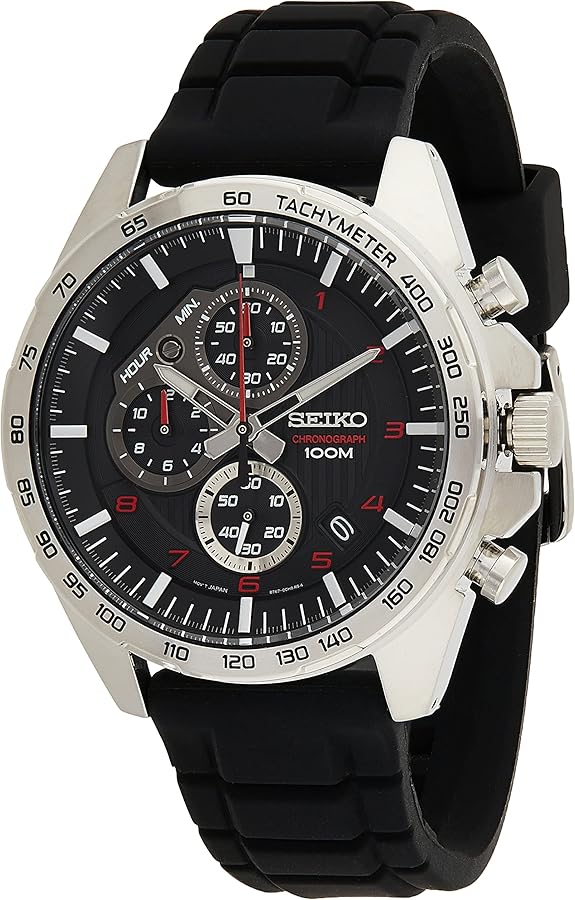 SEIKO SSB325 Chronograph Watch for Men - Essentials - Black Dial with 3 Subdials, Tachymeter Bezel, & Silicone Strap, 100m Water-Resistant