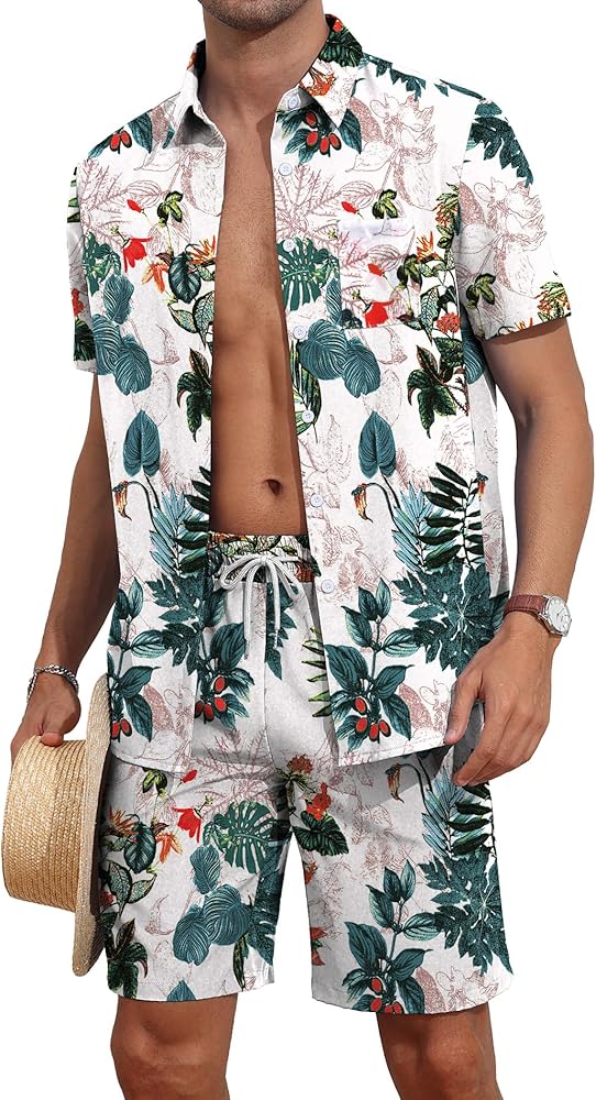 YTD Mens Flower Hawaiian 2 Piece Outfit Sets Short Sleeve Beach Casual Button Down Shirt and Shorts Suits