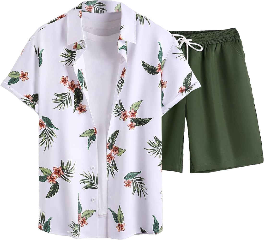 Verdusa Men's 2 Piece Outfit Tropical Print Button Up Shirt with Short Hawaii Sets