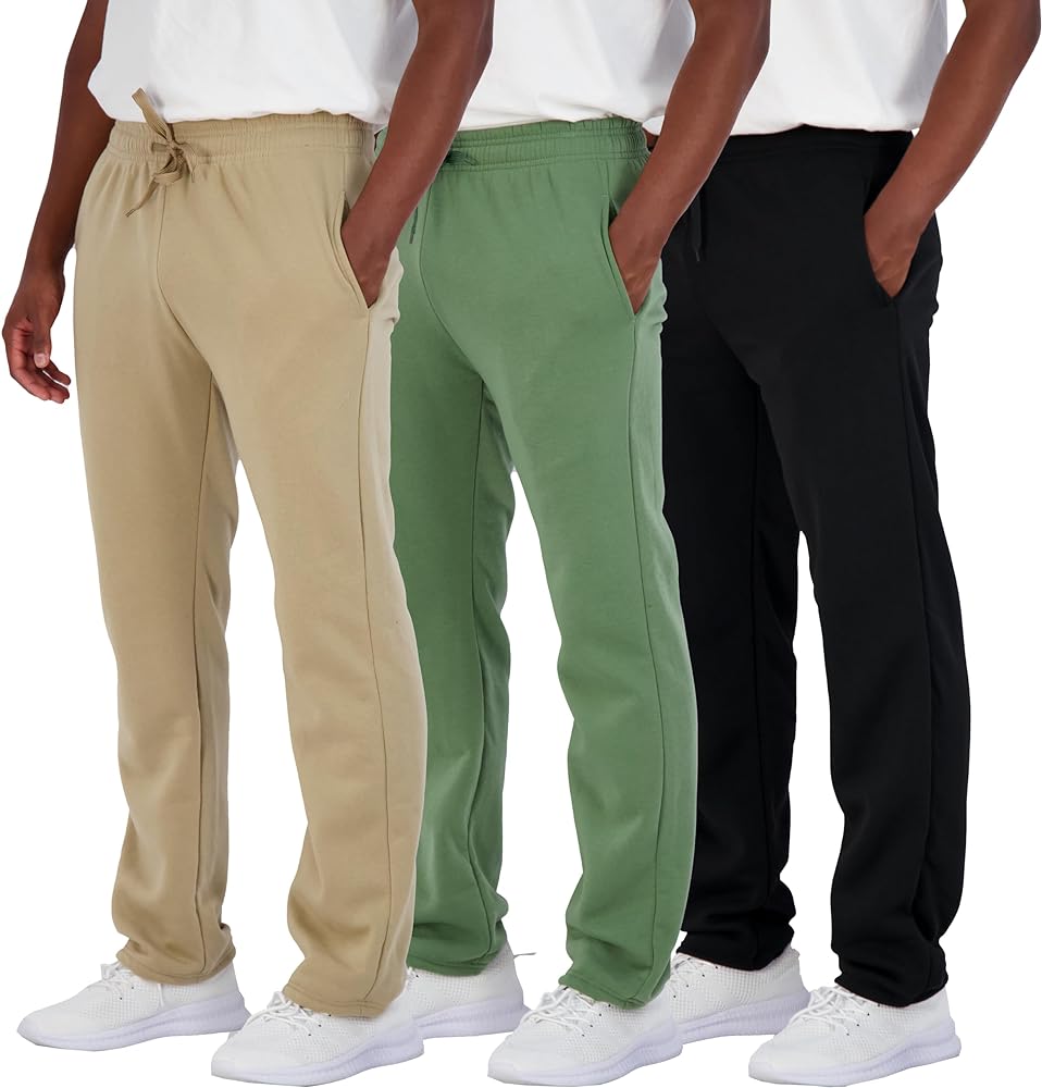 Real Essentials 3 Pack: Men's Tech Fleece Athletic Casual Open Bottom Sweatpants with Pockets (Available in Big & Tall)