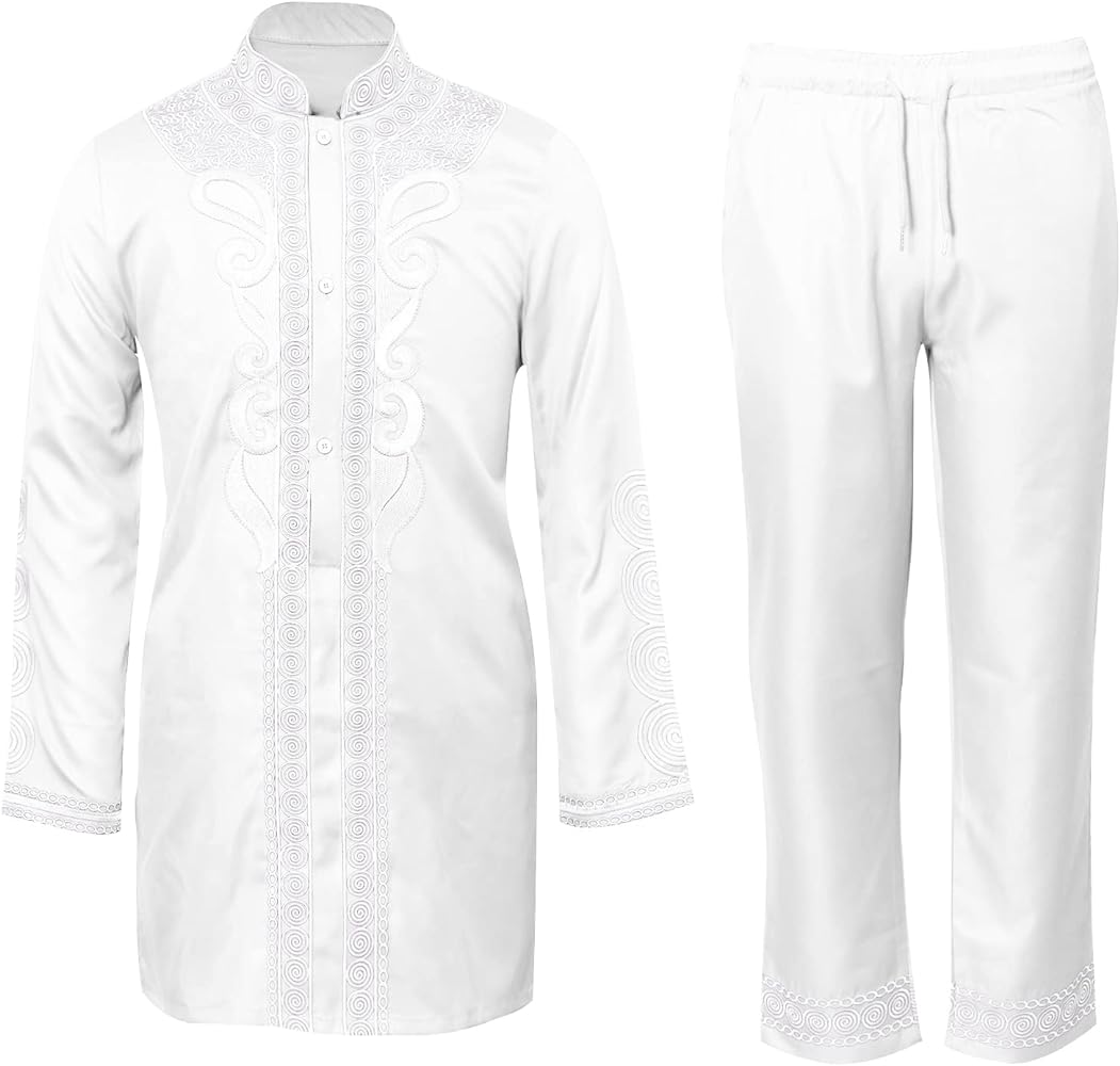 TIDOIRSA African Mens Clothing,Long Sleeve Gold Embroidery Button up Shirt and Pants Men's 2 Piece Dashik Outfit