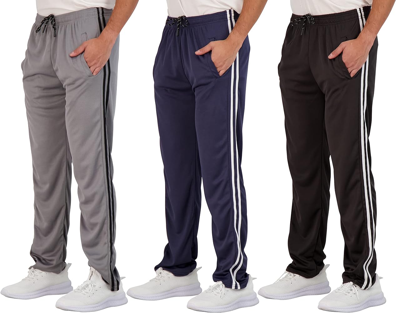 Real Essentials 3 Pack: Men's Mesh Athletic Gym Workout Lounge Open Bottom Sweatpants with Pockets (Available in Big & Tall)