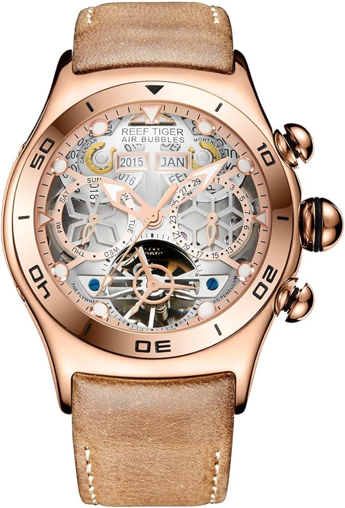 REEF TIGER Sport Mens Tourbillon Watch Multi-Functional Rose Gold Skeleton Automatic Watches RGA703 (RGA703-PWB)