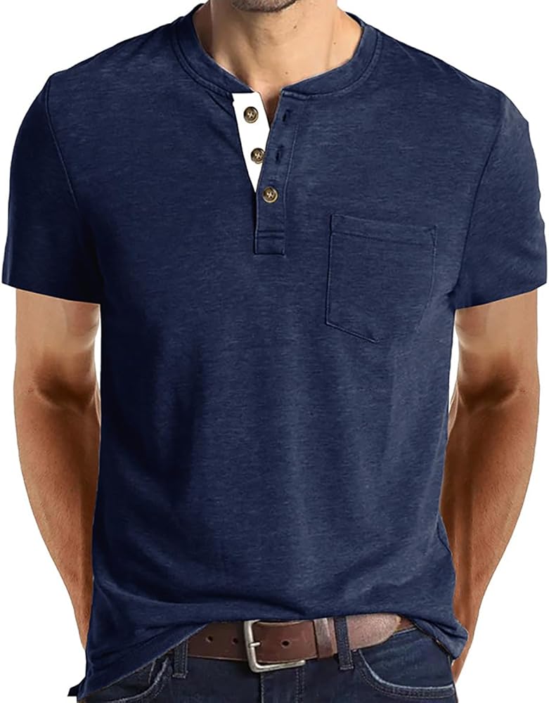 Henley Shirts for Men Casual Short Sleeve Cotton T-Shirt Basic Button Tee Shirts with Pocket Summer