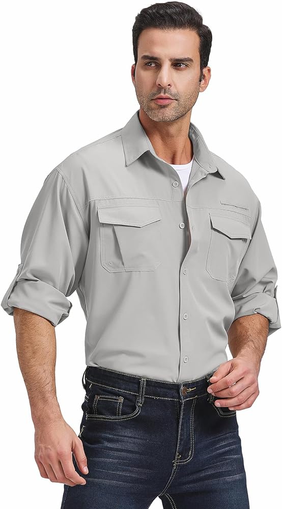 Mens Safari Sun Shirts UPF 50+ UV Sun Protection Long Sleeve Outdoor Quick Dry Fishing Hiking Gardening Shirts