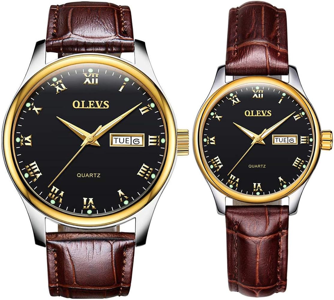 OLEVS Valentines Couple Pair Quartz Watches Luminous Calendar Date Window 3ATM Waterproof, Casual Stainless Steel His and Hers Wristwatch for Men Women Lovers Wedding Romantic Gifts Set of 2