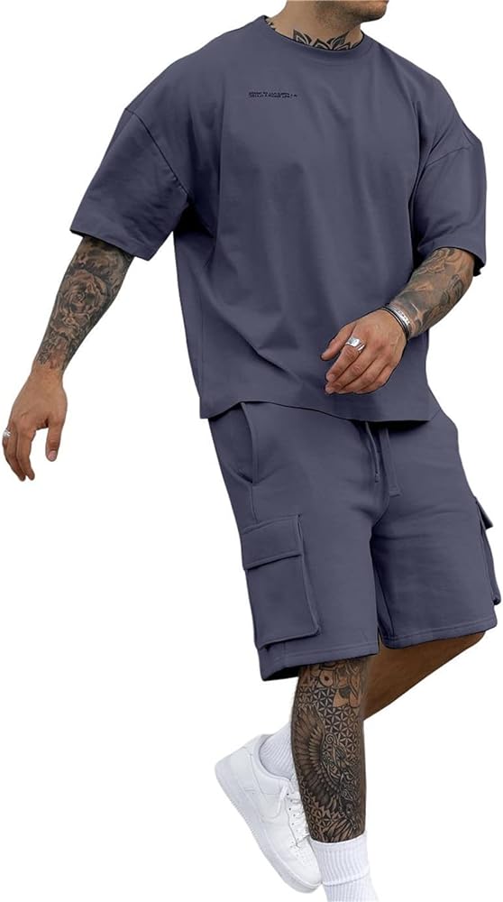 Mens Short Sets 2 Piece Outfits - Casual Summer Short Sleeve Sweatsuits Sets for Men with Cargo Pocket