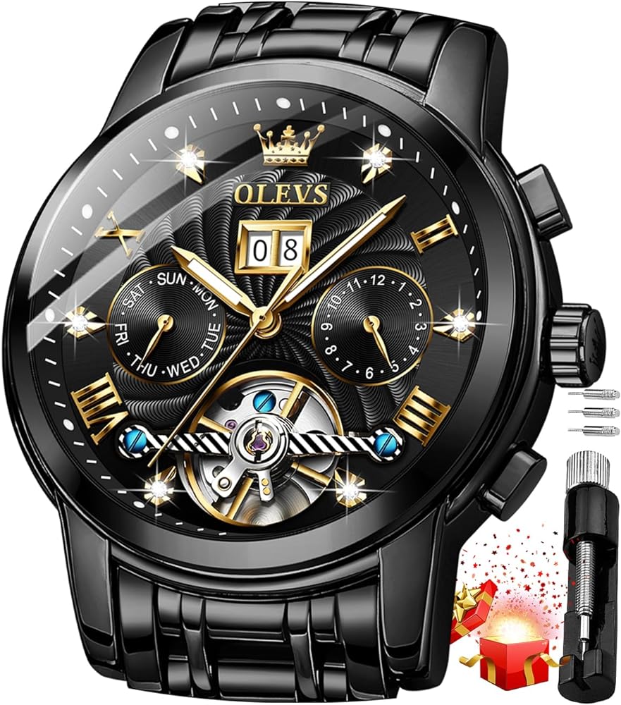 OLEVS Mens Automatic Watches Gold Luxury Diamond Dress Self Winding Mechanical Skeleton Tourbillon Stainless Steel Wrist Watch