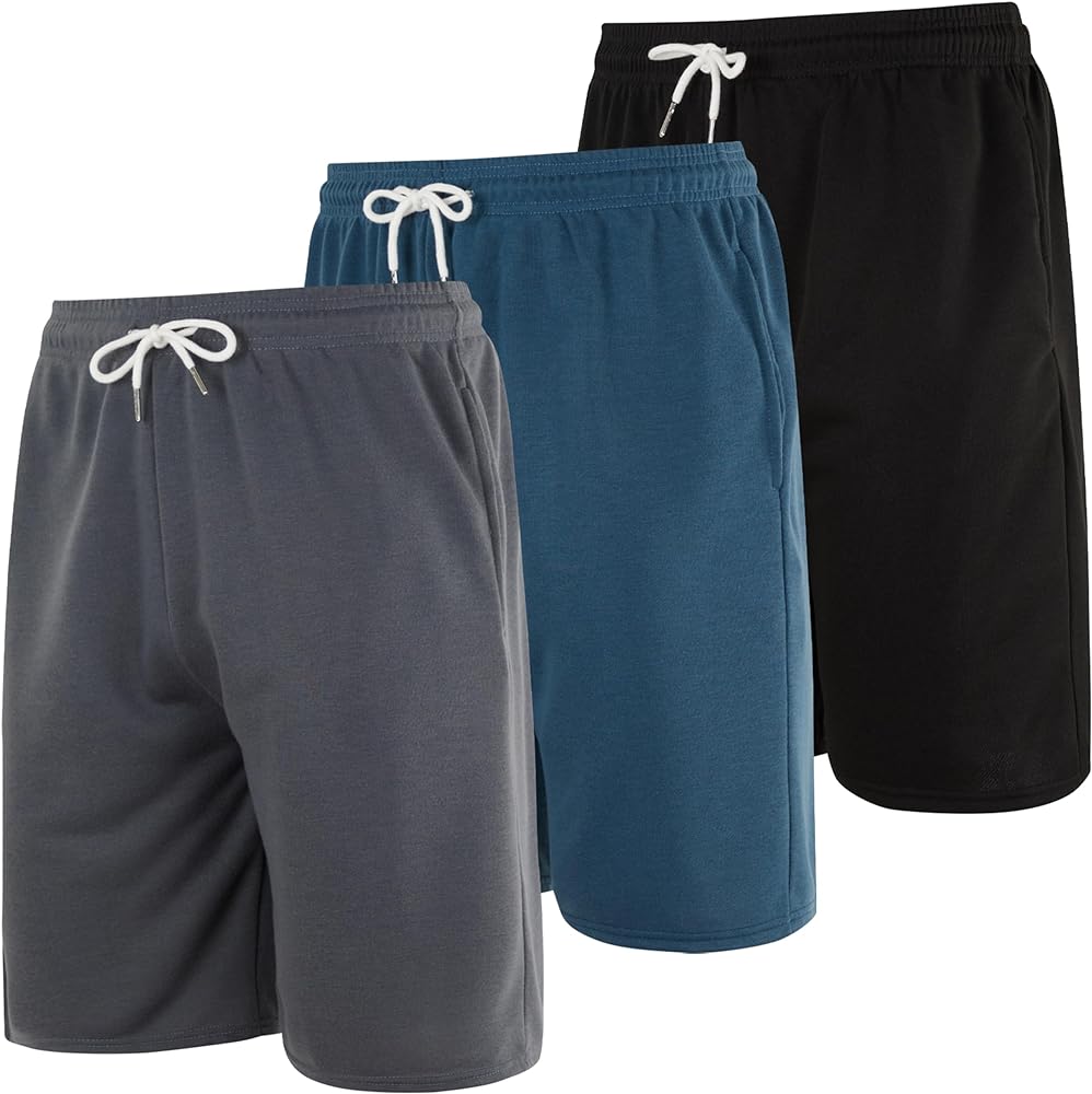 Real Essentials 3 Pack: Men's Cotton 9" French Terry Casual Lounge Sweat Shorts with Pockets (Available in Big & Tall)