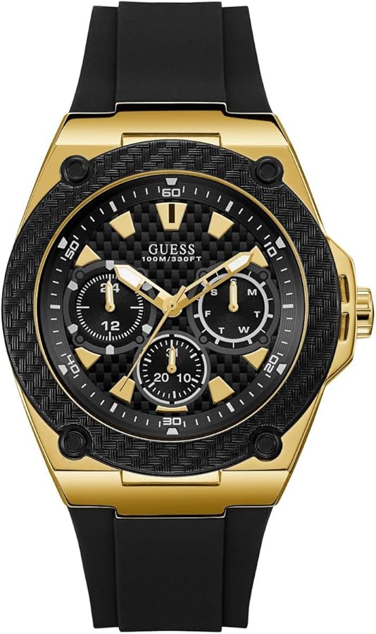 GUESS Comfortable Black Stain Resistant Silicone Watch with Gold-Tone Day, Date + 24 Hour Military/Int'l Time. Color: Black (Model: U1049G5)