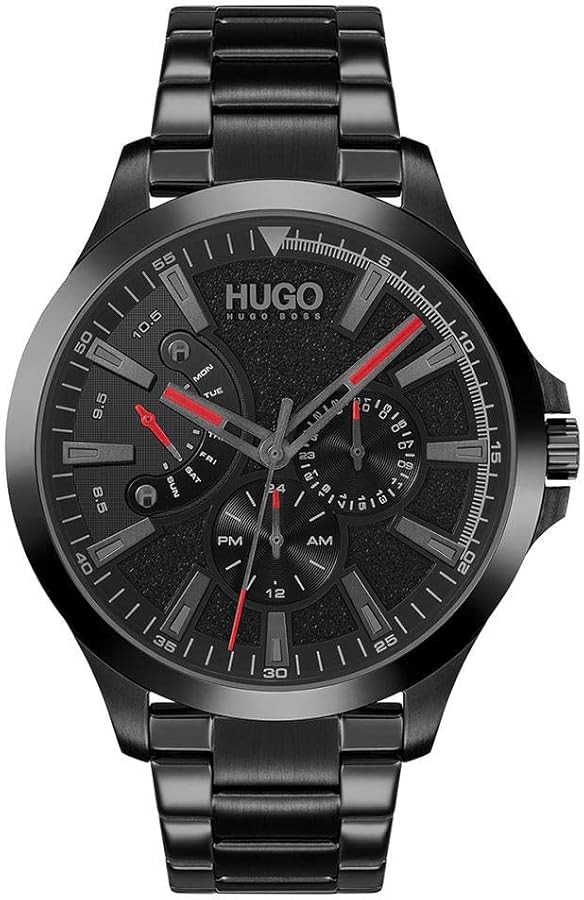 HUGO #LEAP Men's Multifunction Stainless Steel and Link Bracelet Casual Watch, Color: Black (Model: 1530175)