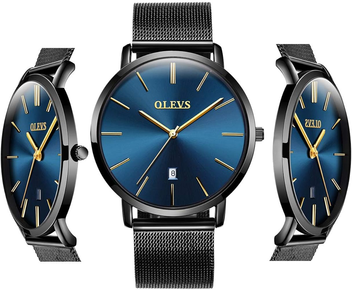 OLEVS Ultra Thin Blue Dial Watches for Men Waterproof Mens Fashion Minimalist Inexpensive Watches with Date Analog Quartz Stainless Steel Couples Watch for Men