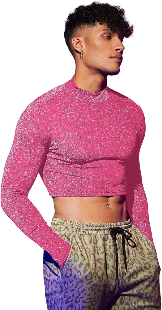 WDIRARA Men's Glitter Mock Neck Long Sleeve Tee Tops Solid Slim Fit Party Crop Top