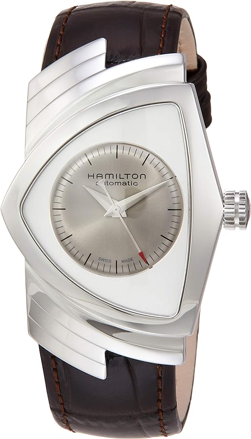 Hamilton Watch Ventura Auto | Swiss Made | 34.7mm x 53.5mm Stainless Steel Case | Grey Dial Analog Watch | Brown Leather Strap (Model: H24515581)