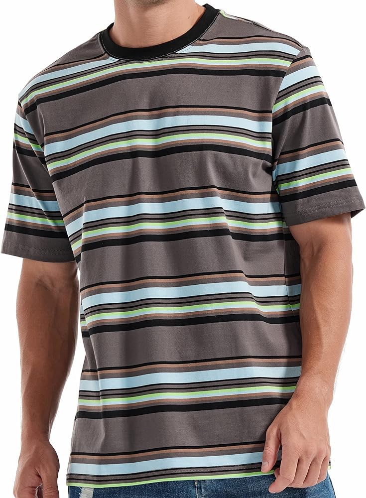 KLIEGOU Men's Fashion Loose Fit Crewneck Stripe T-Shirt